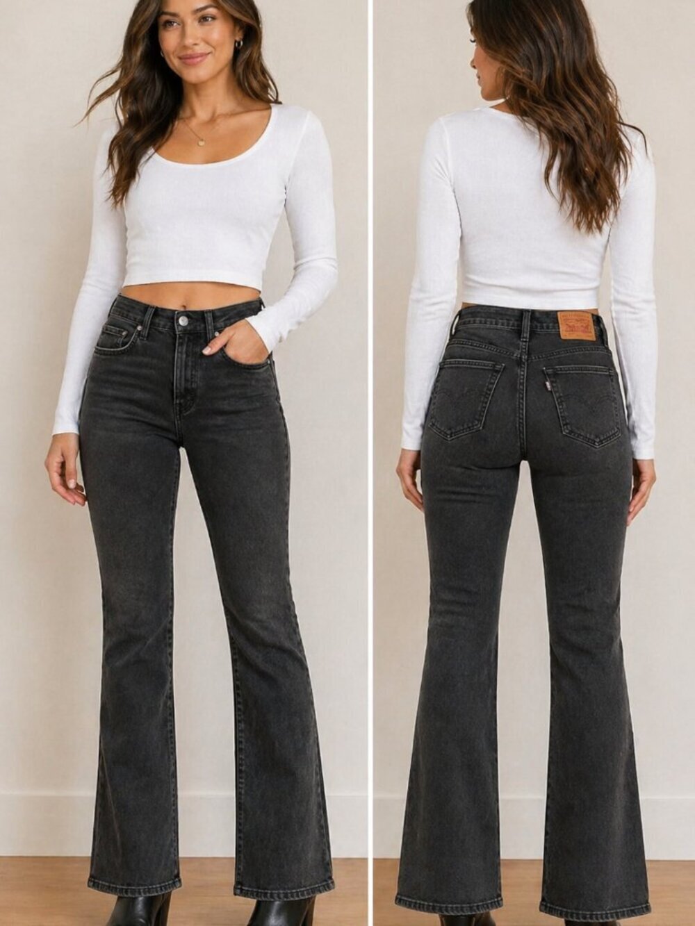 Levi's Premium 726 Flare Black Gray Jeans 24 High Rise Slim Bootcut